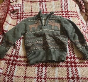 Newton Trading Co Olive Green Fair Isle Zip-Neck Sweater with Tan Motif